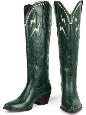 Women's Green Knee High Pull On Lightning Embroidered Pointed Toe Cowgirl Boots